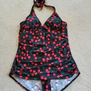 Esther Williams Bathing Bombshell Cherry Print Sz 20W Red Black Read